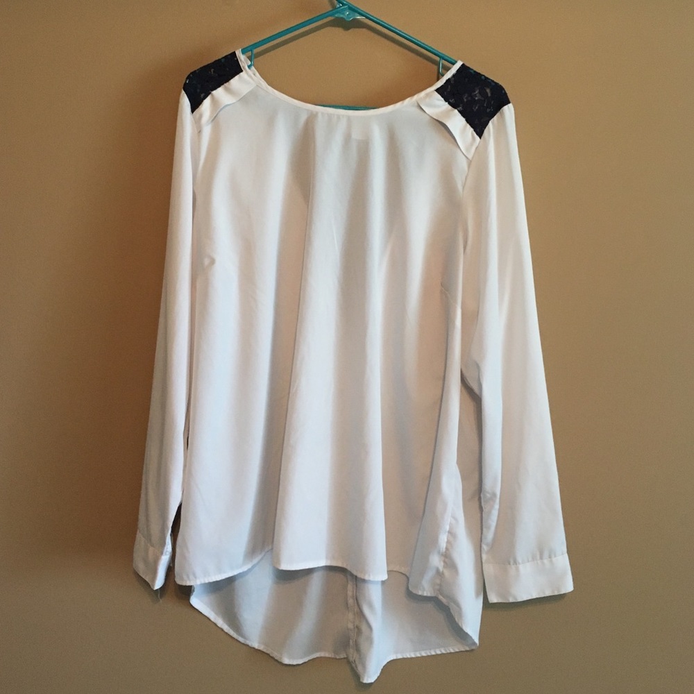 JunaRose White and Navy Crochet Sheer Blouse